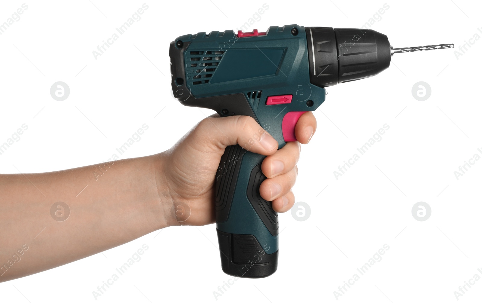 Photo of Man holding modern electric power drill on white background, closeup