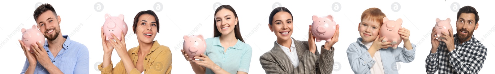 Image of Collage with photos of people holding ceramic piggy banks on white background. Banner design