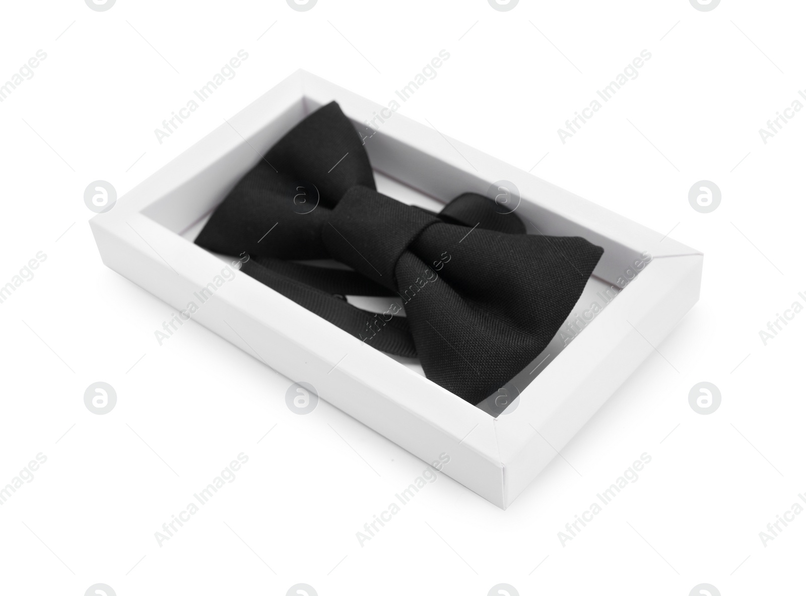 Photo of Stylish black bow tie on white background
