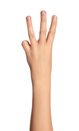 Woman showing three fingers on white background, closeup of hand