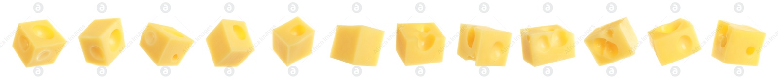 Image of Pieces of delicious cheese on white background, collage. Banner design