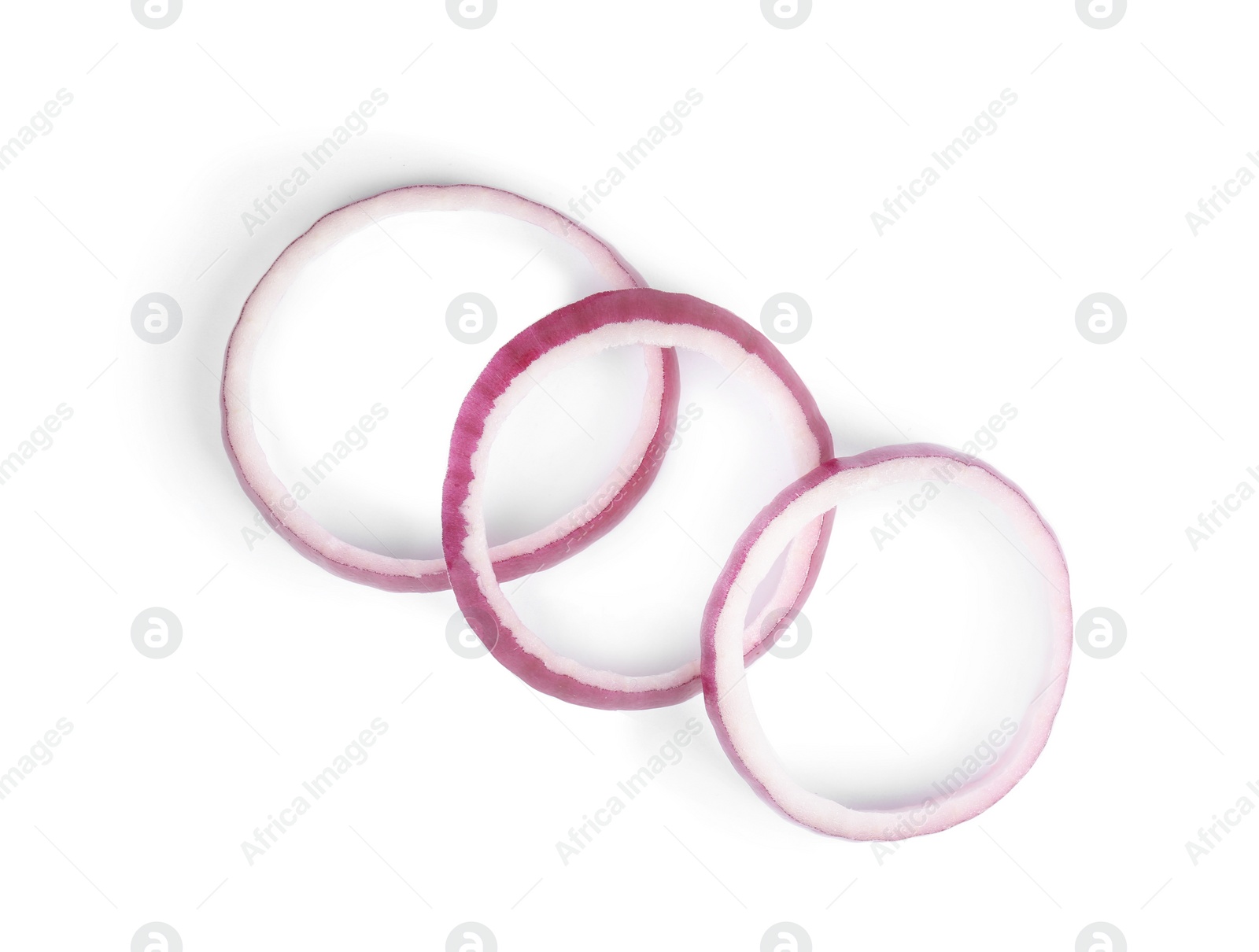 Photo of Red onion rings on white background, top view