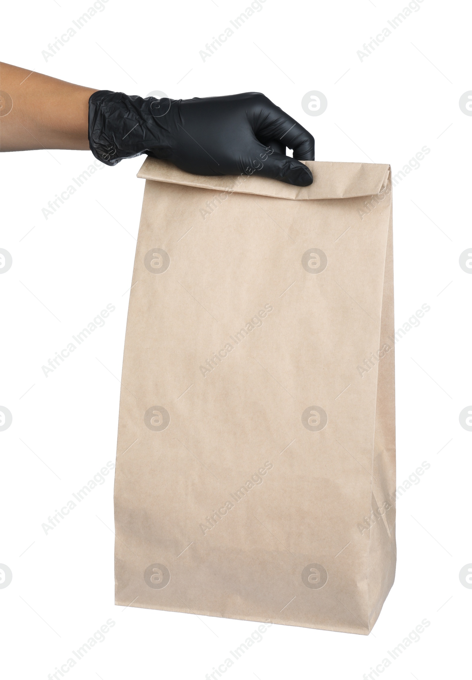 Photo of Woman holding paper bag on white background, closeup