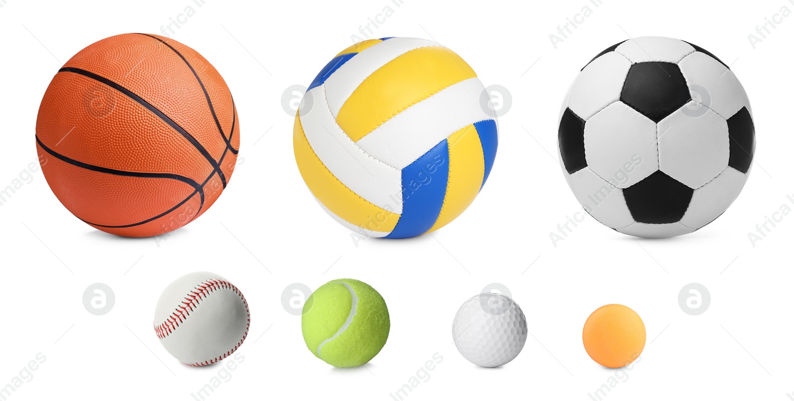 Image of Set with different sport balls on white background