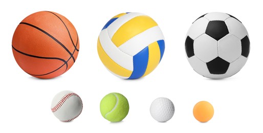 Image of Set with different sport balls on white background