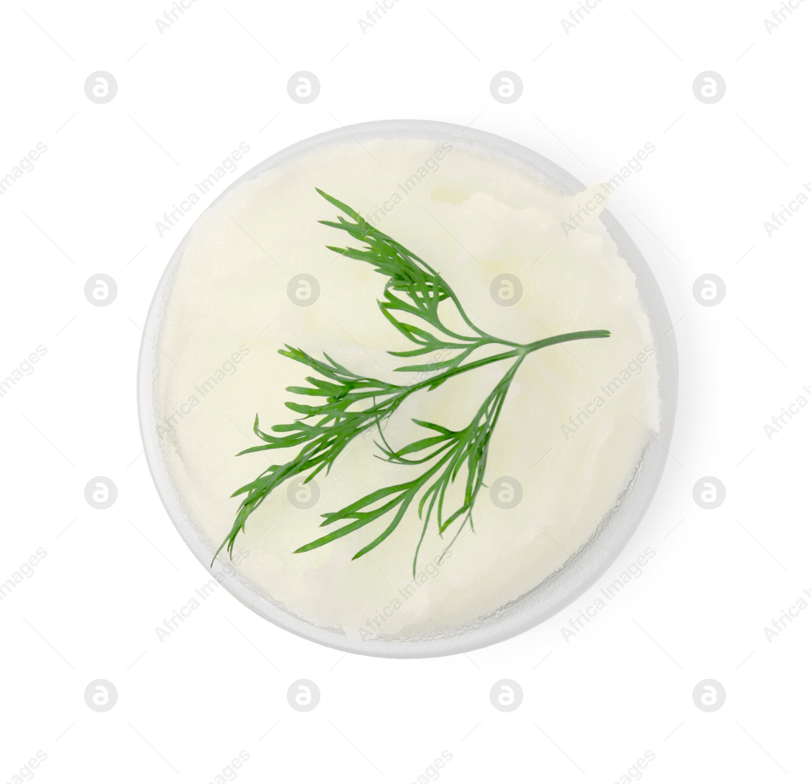 Photo of Delicious pork lard with dill in glass jar isolated on white, top view