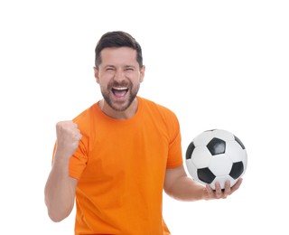 Photo of Emotional sports fan with ball celebrating on white background