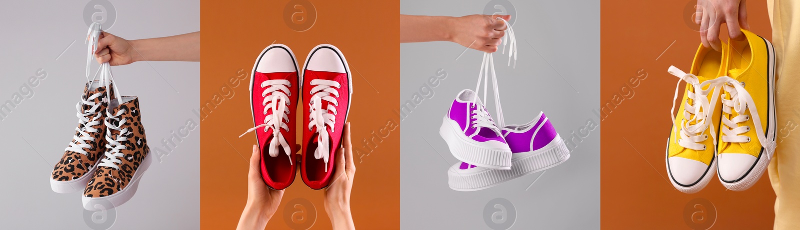 Image of Photos of women with stylish sneakers on different color backgrounds, collage design