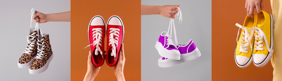 Image of Photos of women with stylish sneakers on different color backgrounds, collage design