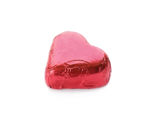 Heart shaped chocolate candy in red foil isolated on white