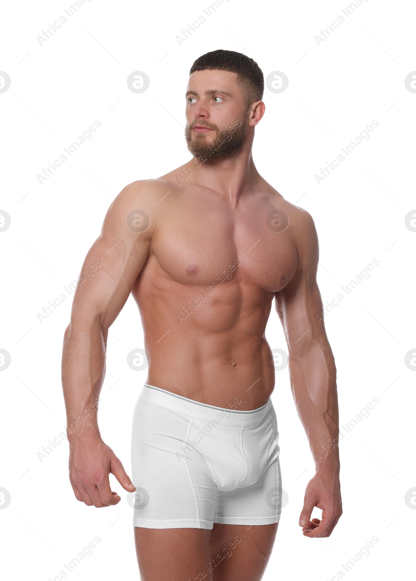 Photo of Young man is stylish underwear on white background