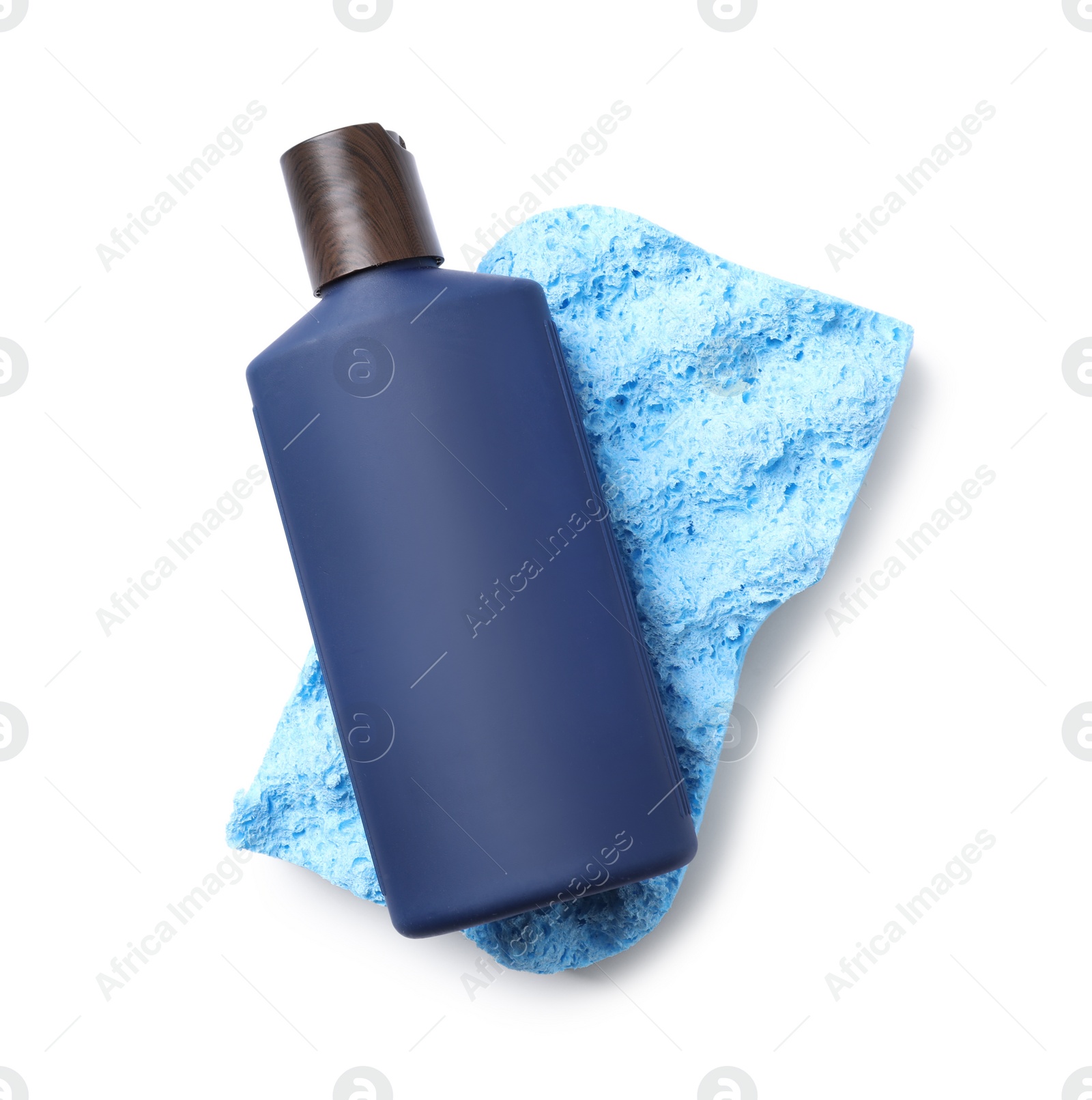 Photo of Shower gel and bast wisp isolated on white, top view. Men's cosmetics