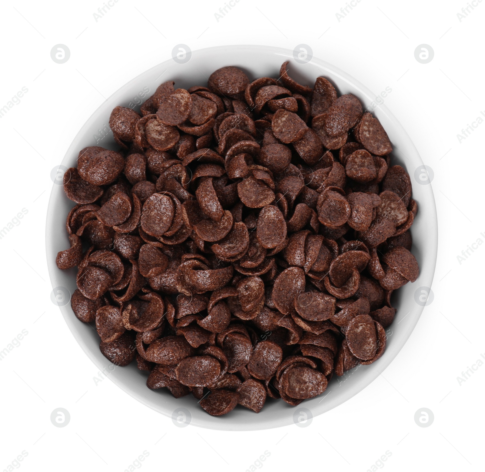 Photo of Breakfast cereal. Chocolate corn flakes in bowl isolated on white, top view