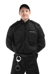 Male security guard in uniform on white background