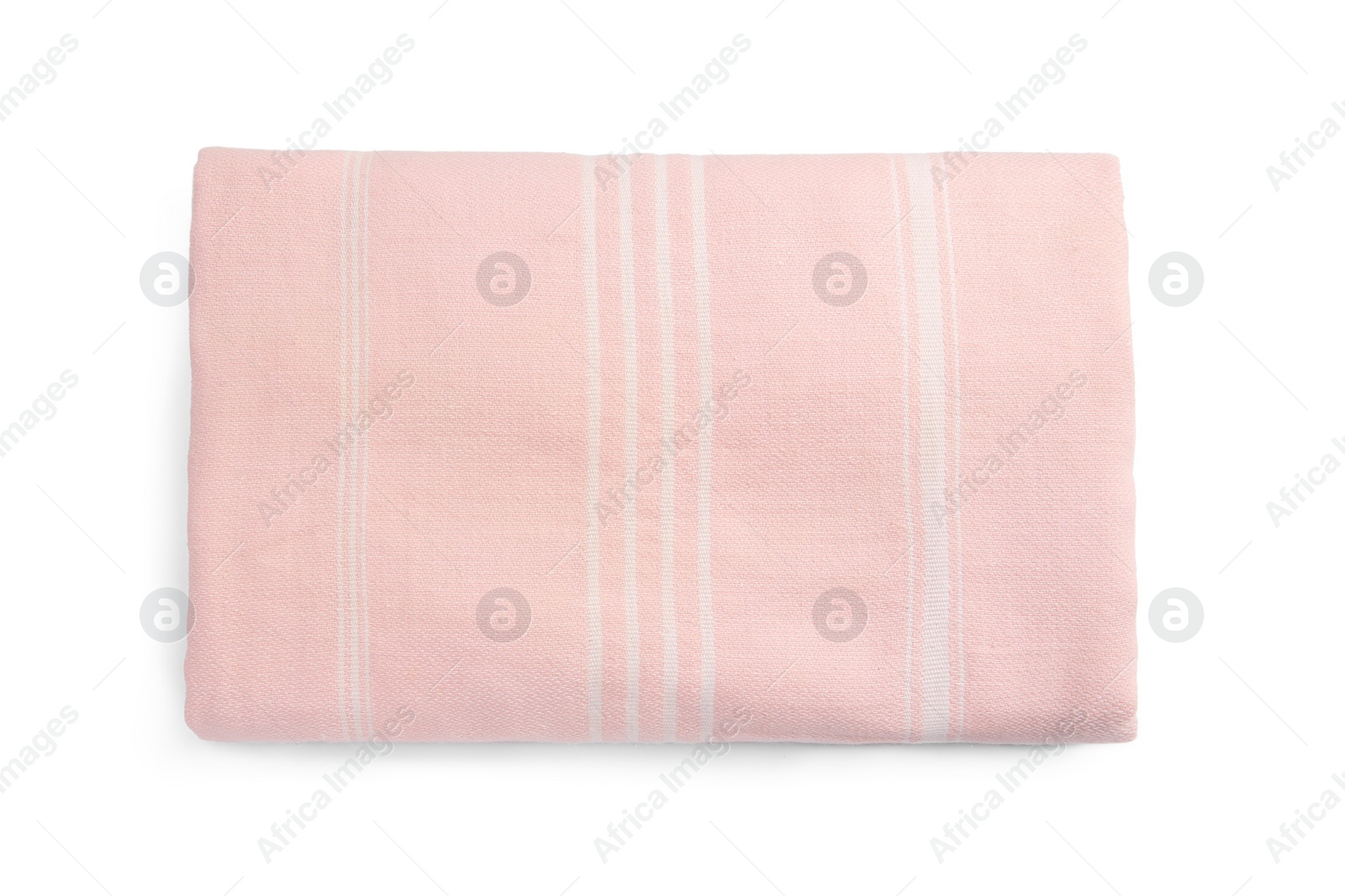 Photo of One folded beach towel isolated on white, top view