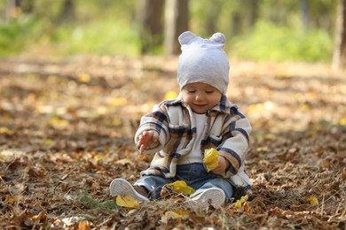 Photo of Cute little child on ground with dry leaves in autumn park