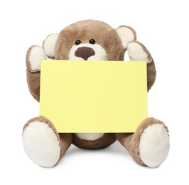 Photo of Cute teddy bear with blank card isolated on white, space for text