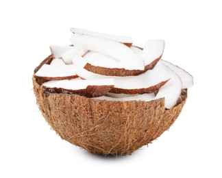 Photo of Fresh coconut pieces in nut shell isolated on white