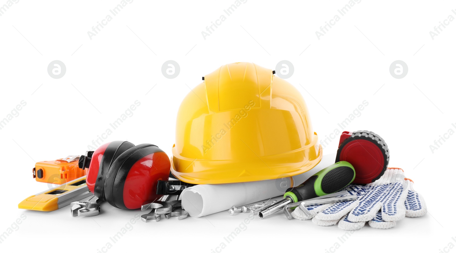 Photo of Different construction tools and hard hat isolated on white