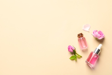 Fresh flowers and bottles of rose essential oil on color background, flat lay. Space for text