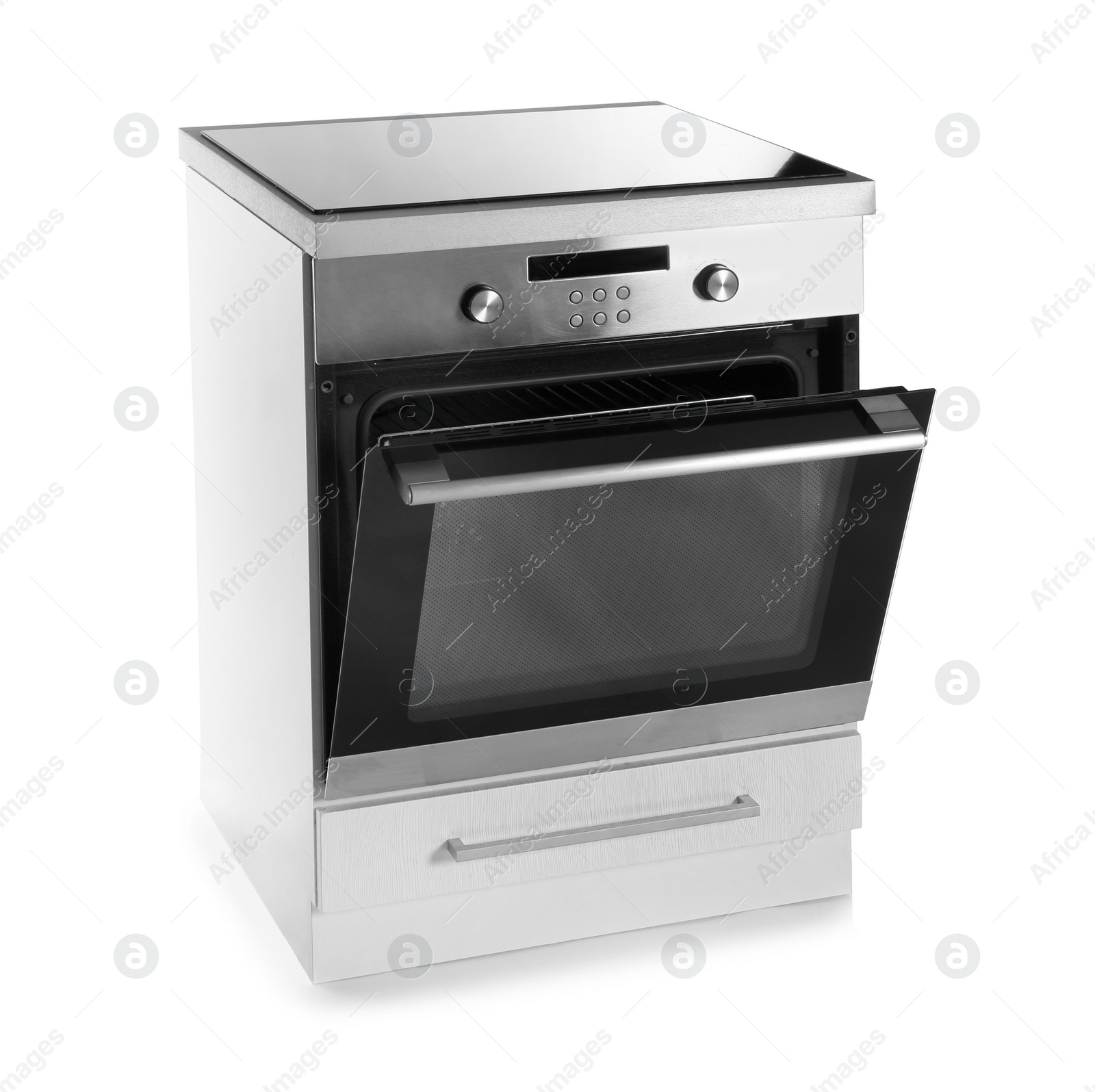 Photo of Modern oven isolated on white. Kitchen appliance