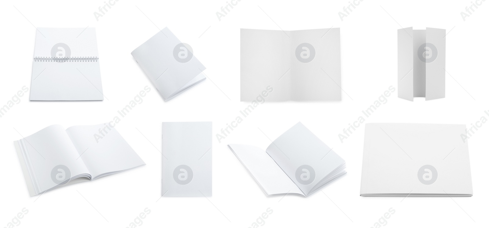 Image of Set with blank paper brochures on white background. Mockup for design