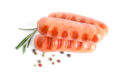 Photo of Grilled sausages and rosemary on white background, top view