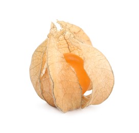 Ripe physalis fruit with dry husk on white background