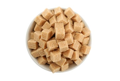 Photo of Bowl with cubes of brown sugar isolated on white, top view