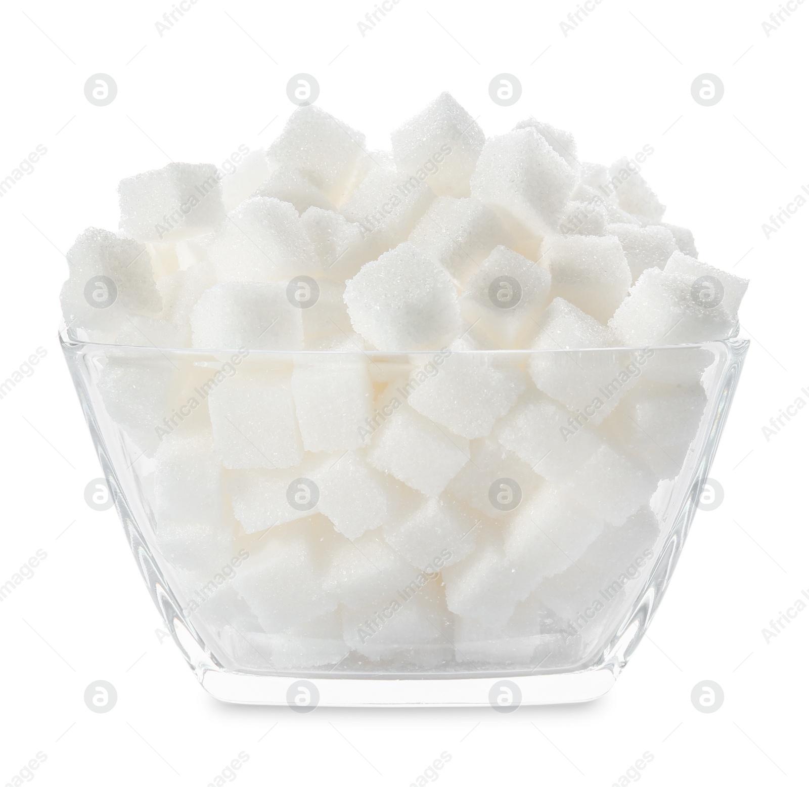 Photo of Refined sugar cubes in bowl on white background