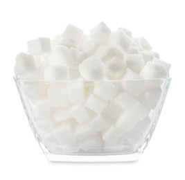 Photo of Refined sugar cubes in bowl on white background