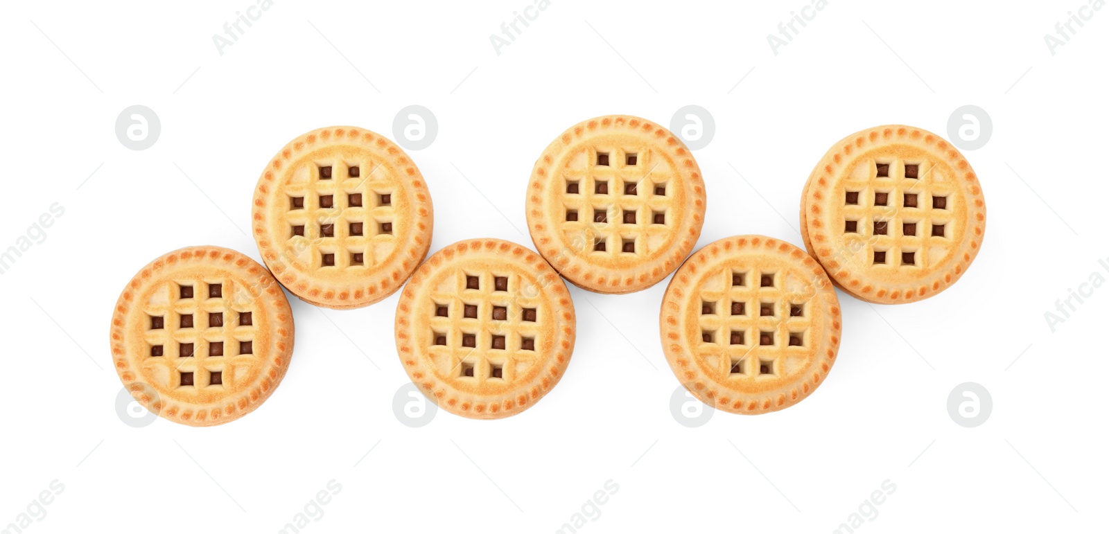 Photo of Tasty sandwich cookies with cream isolated on white, top view