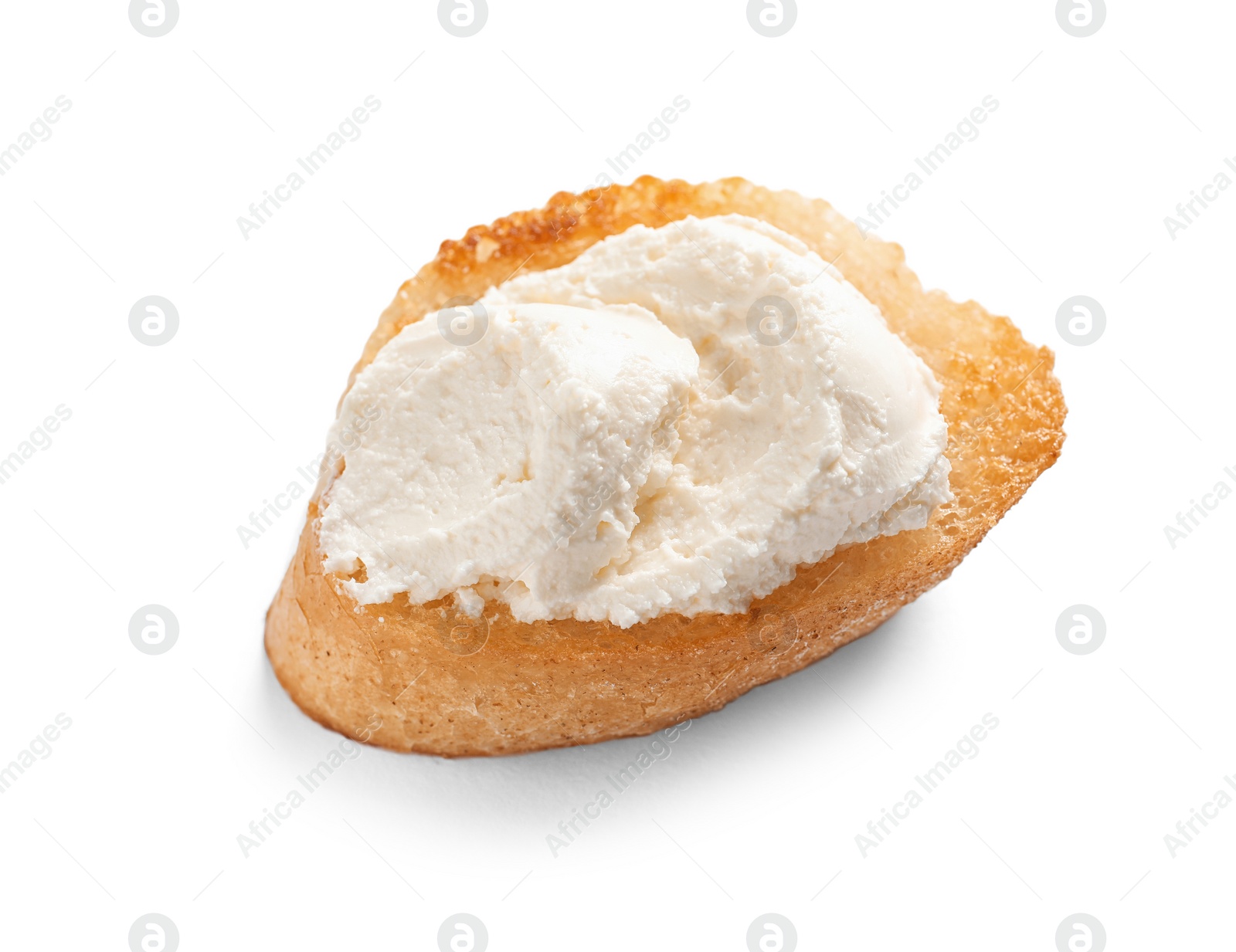 Photo of Piece of baguette with tasty cream cheese on white background