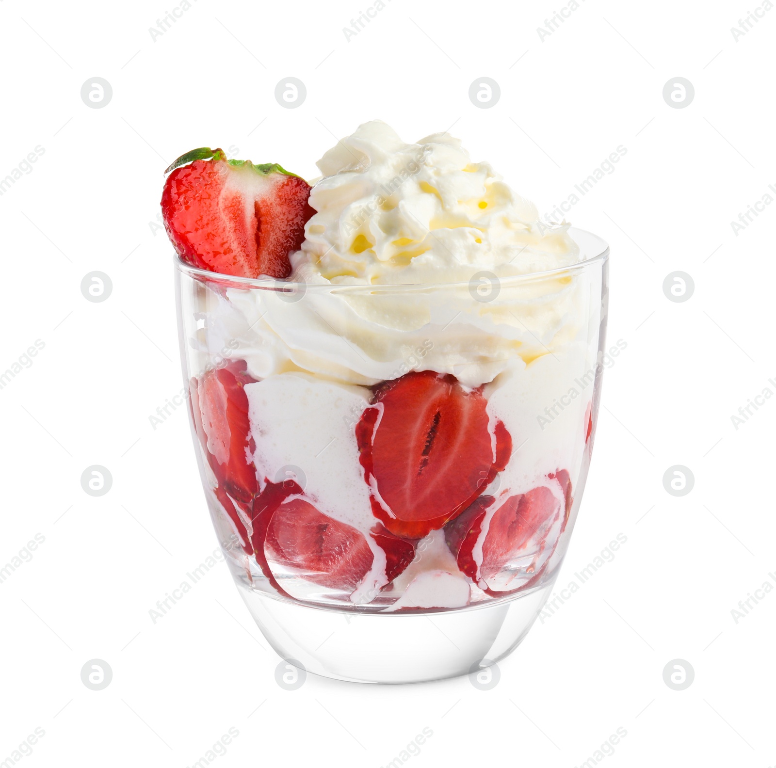 Photo of Tasty dessert of fresh strawberries and whipped cream in glass isolated on white