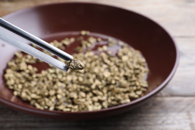 Tweezers with gold nugget on blurred background, closeup. Space for text