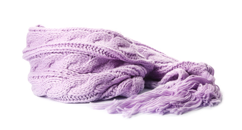 Photo of Violet knitted scarf isolated on white. Warm accessory