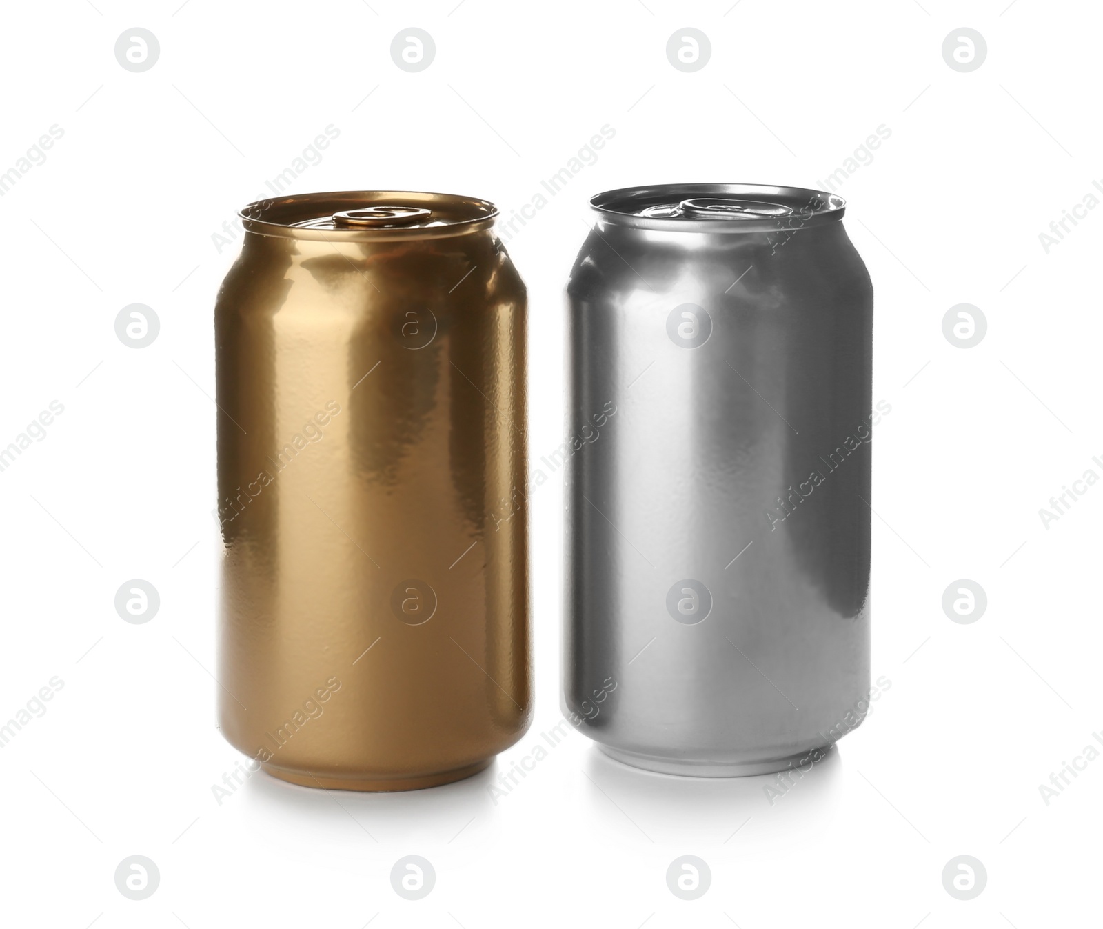 Photo of Tin cans with beverages on white background