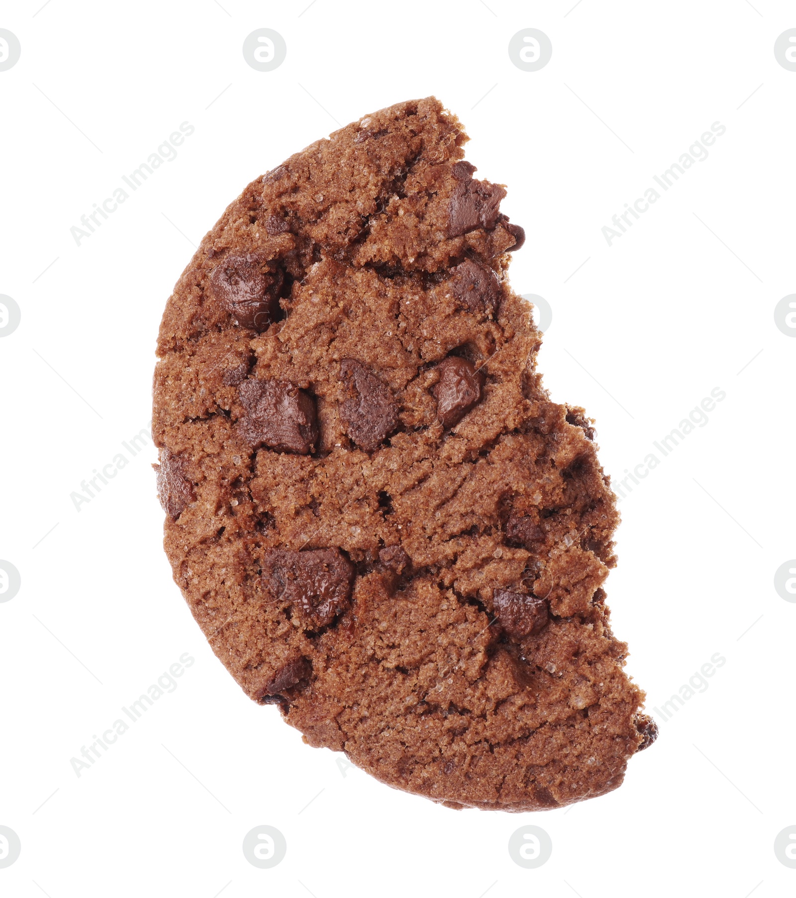 Photo of Half of tasty chip cookie with chocolate crumbs isolated on white