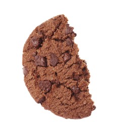 Photo of Half of tasty chip cookie with chocolate crumbs isolated on white
