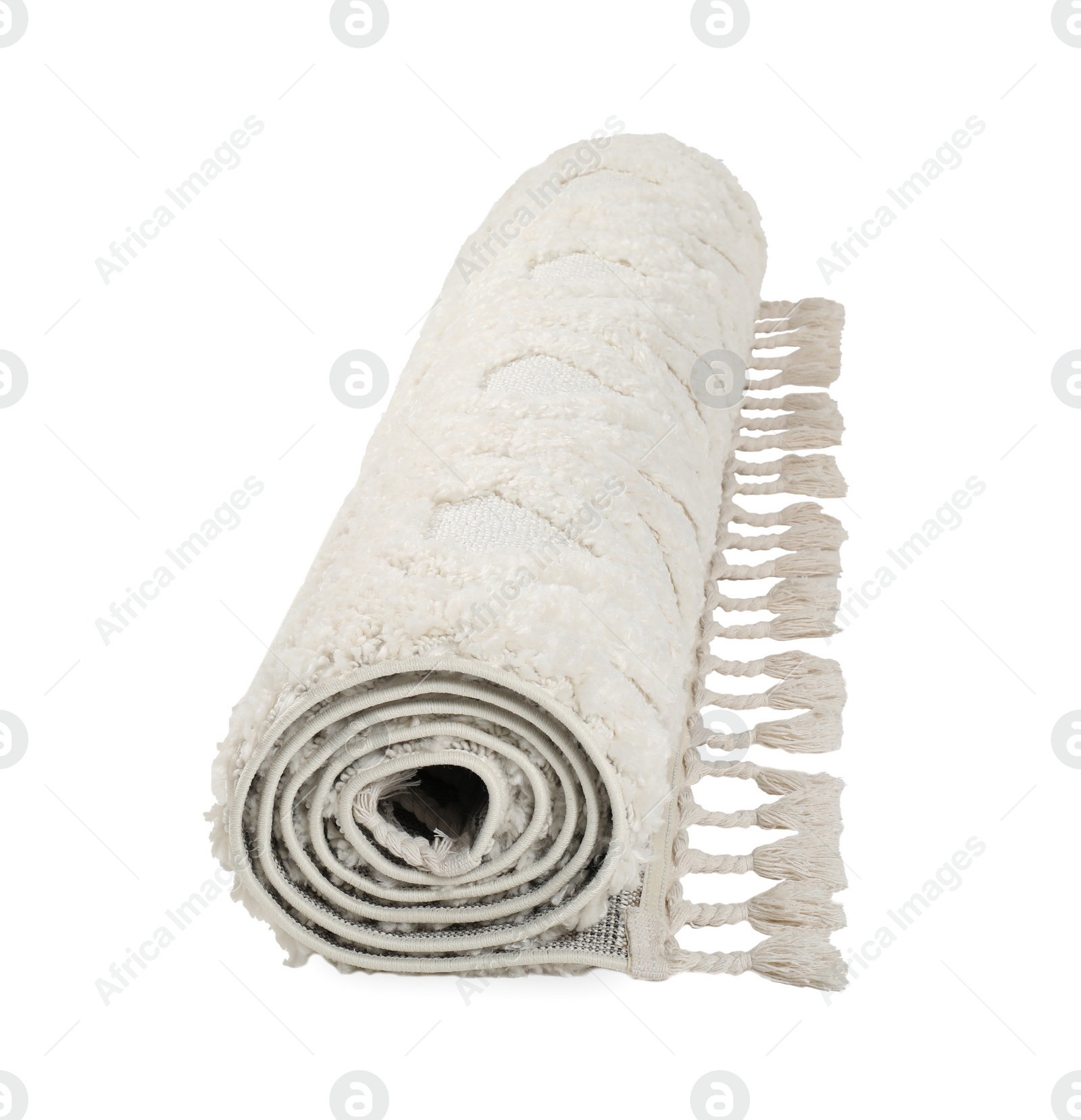 Photo of Rolled carpet on white background. Interior element