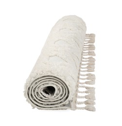 Photo of Rolled carpet on white background. Interior element