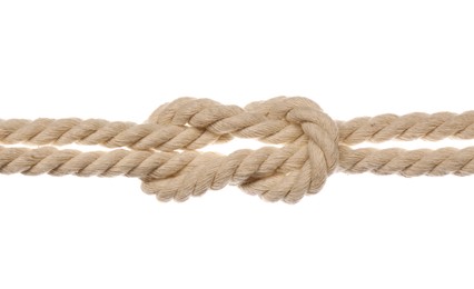 Photo of Cotton ropes with square knot on white background