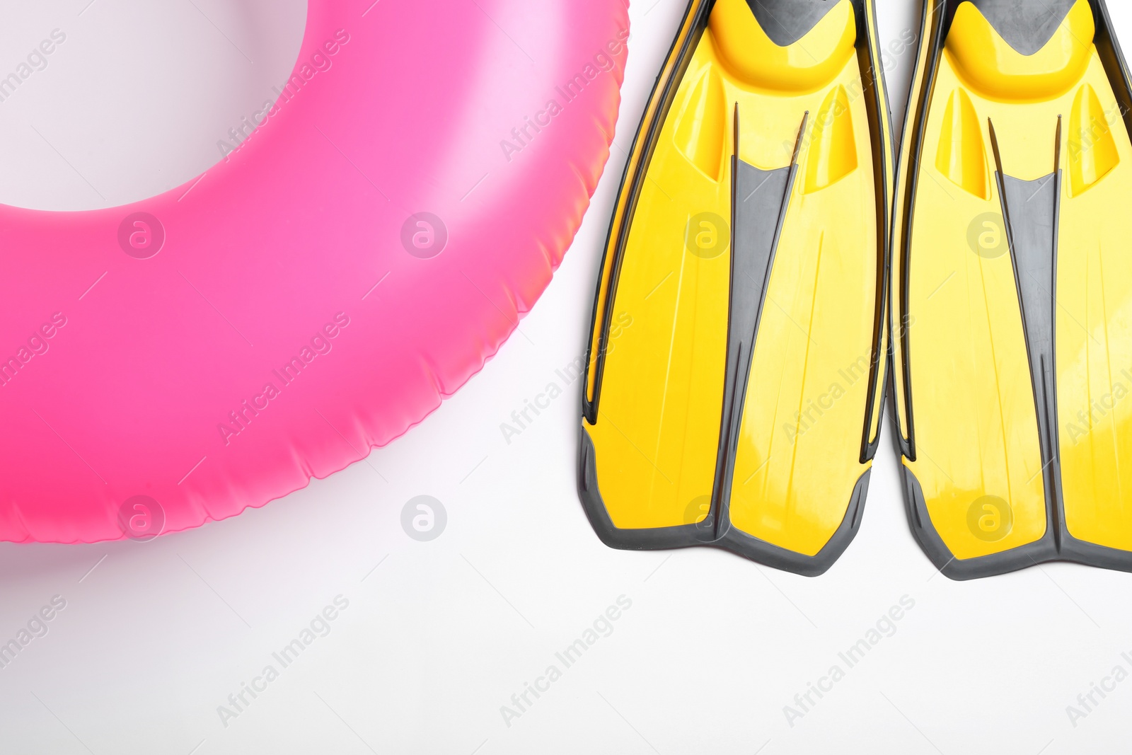 Photo of Composition with beach accessories on white background, top view