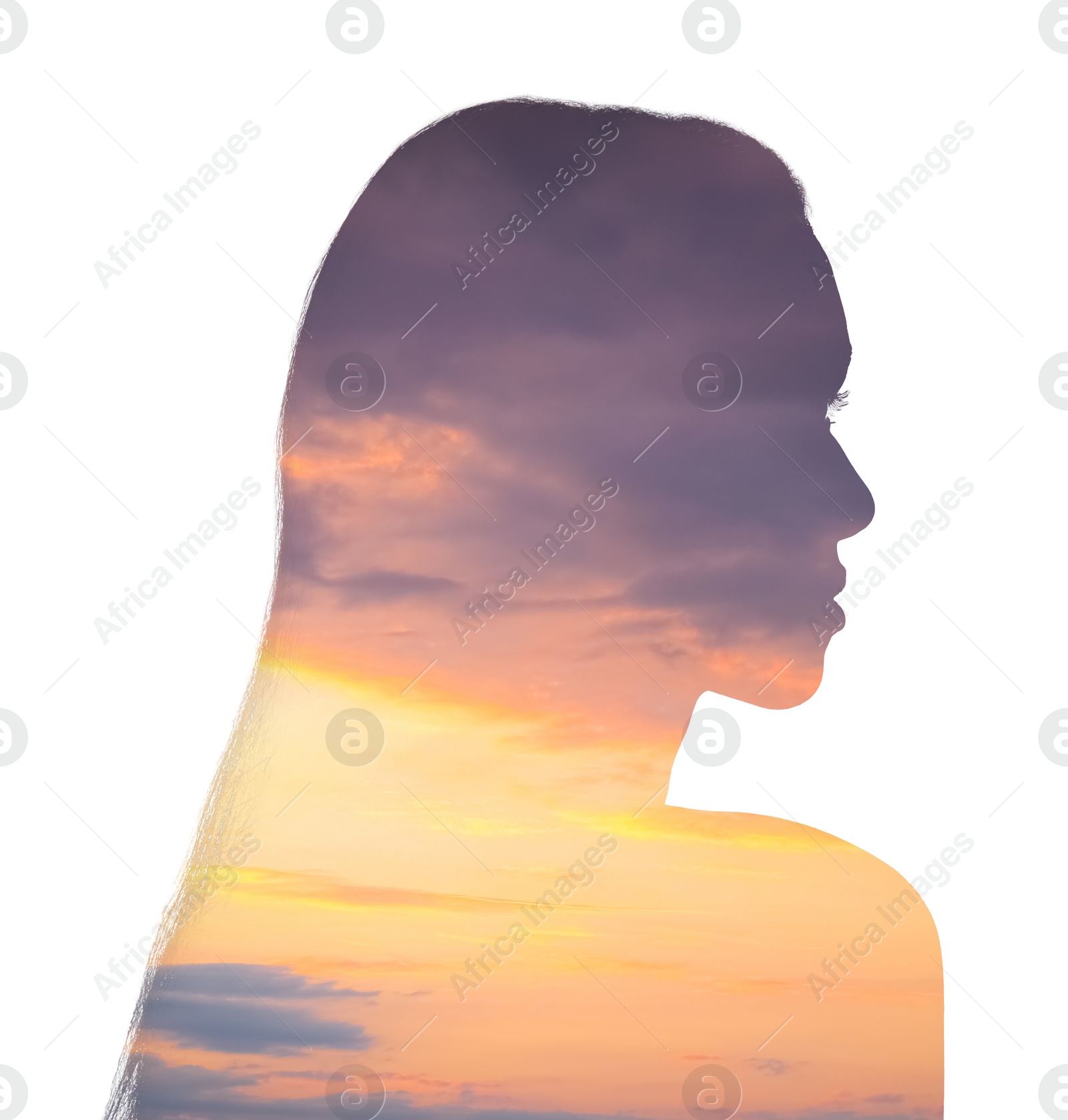 Image of Silhouette of woman and beautiful sunset sky on white background, double exposure