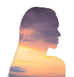 Image of Silhouette of woman and beautiful sunset sky on white background, double exposure