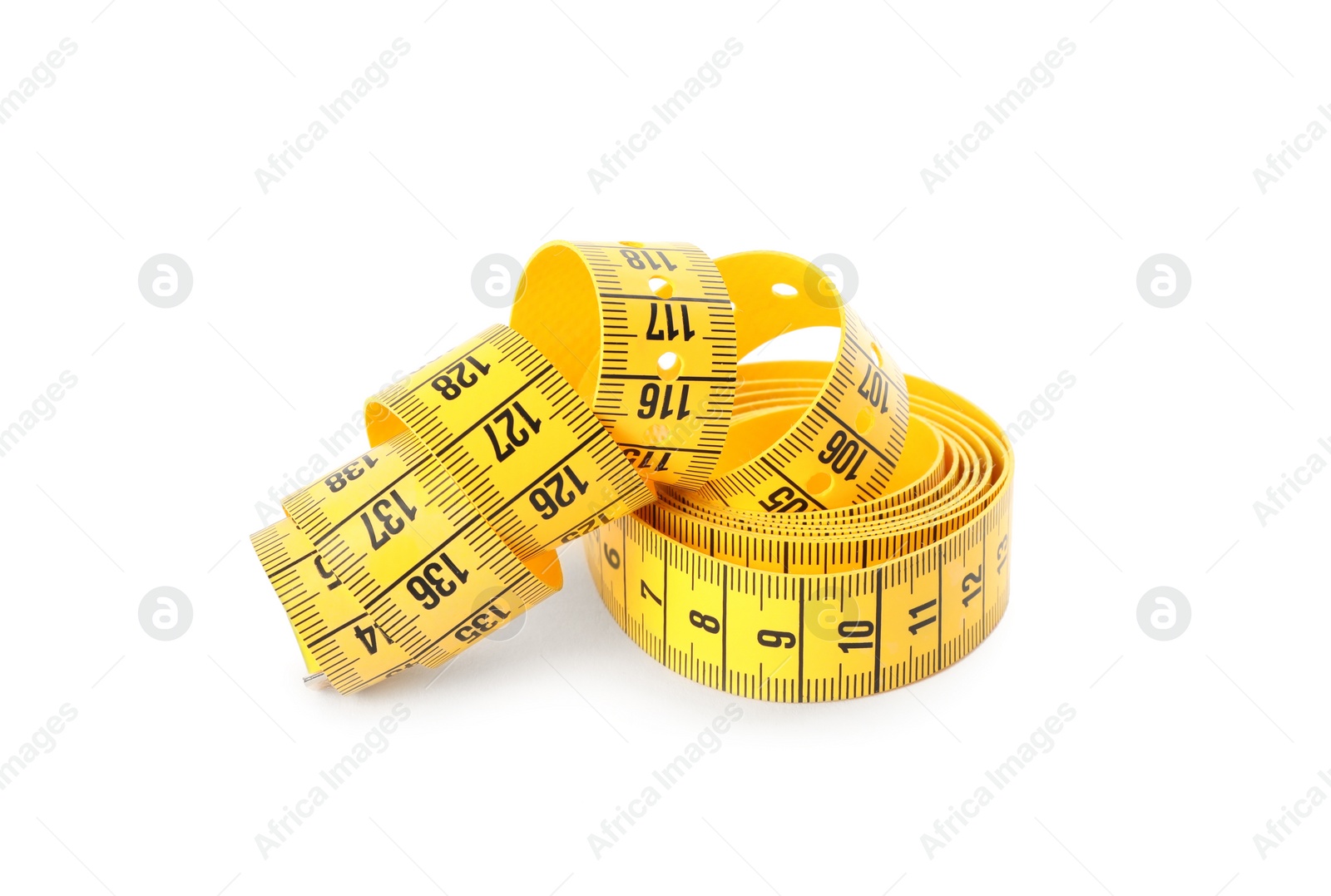 Photo of New yellow measuring tape isolated on white