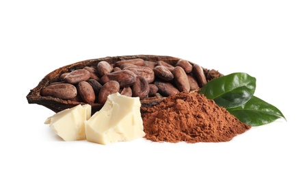 Photo of Composition with cocoa products on white background