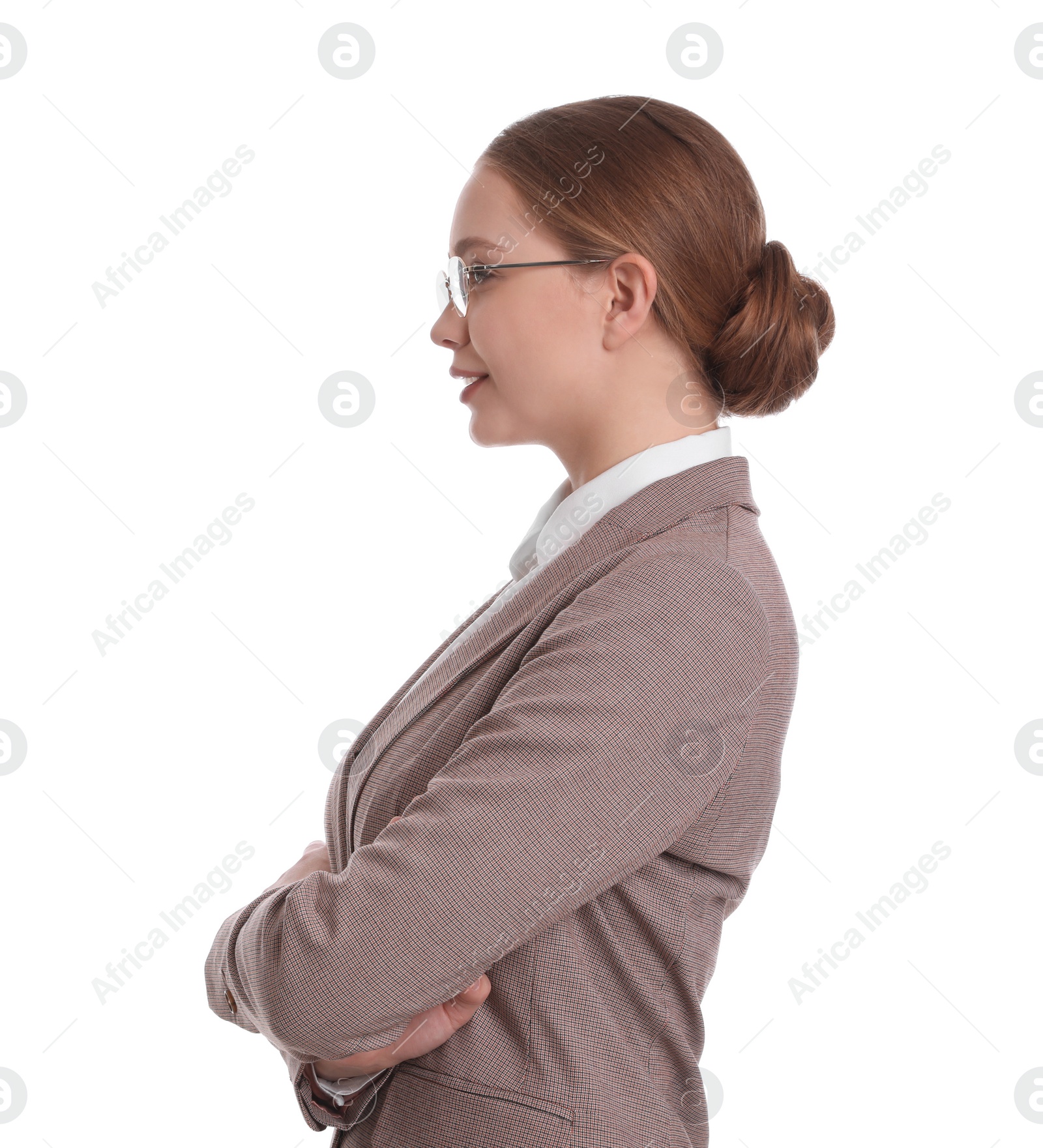 Photo of Portrait of young businesswoman on white background