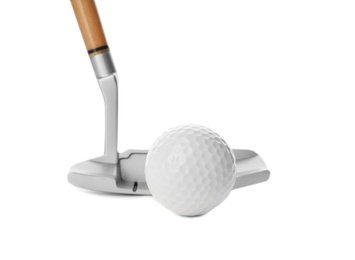 Hitting golf ball with club on white background
