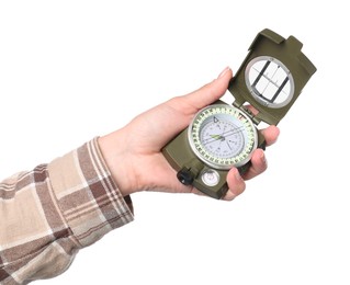 Photo of Woman holding compass on white background, closeup